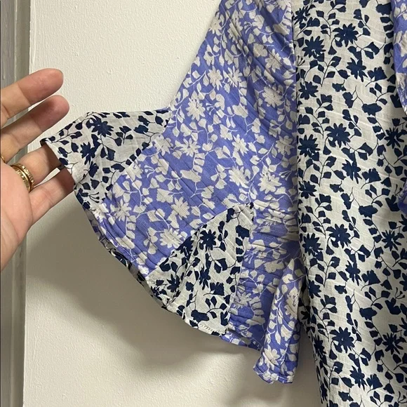 Tanya Taylor Blue and Green Silk Floral Wrap Mini Dress Flutter Sleeve 12 Med - Picture 3 of 11